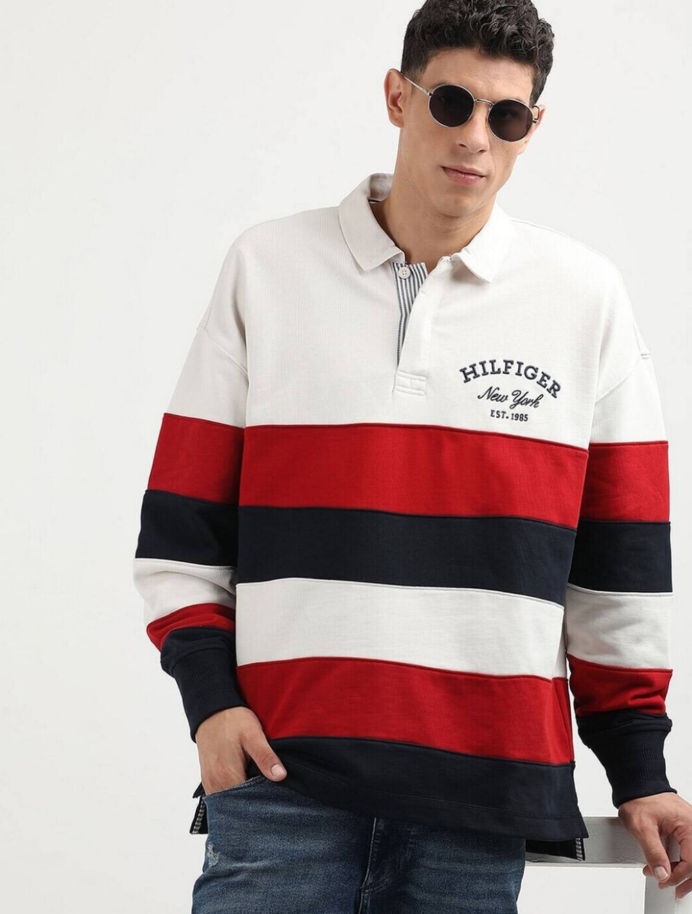 Tommy Hilfiger Red and Navy Rugby Jersey Archive Vintage Style